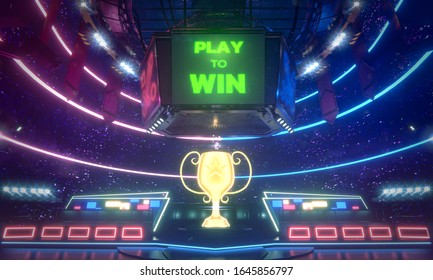  Gold trophy in the middle of E-sport, arena, Play to win on the screen 3d rendering illustration.