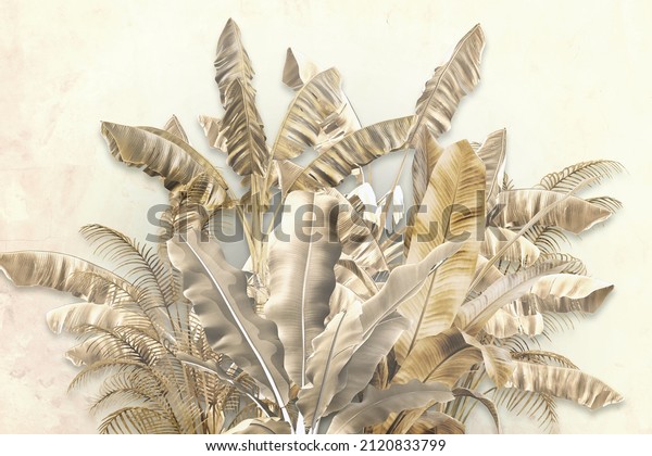 Gold Tropical Wallpaper Design - 3D illustration
