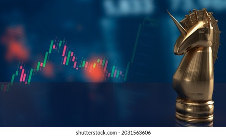 Gold  Unicorn Chess And Business Chart For Start Up Concept 3d Rendering