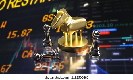 Gold Unicorn And Chess For Start Up Or Business Concept 3d Rendering