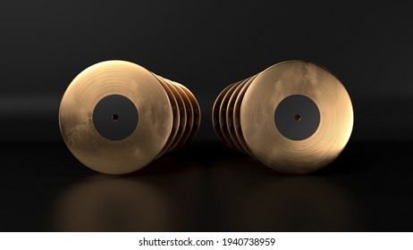 Gold Vinyl Records On Black Background. 3d Rendering. 