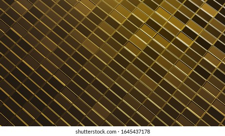 Gold Wall Background 3D Rendering. Abstract Golden Bars Illuminated By Yellow Spotlight. Wallpaper, Web Template, Business Card, Copy Space, Luxury Concept