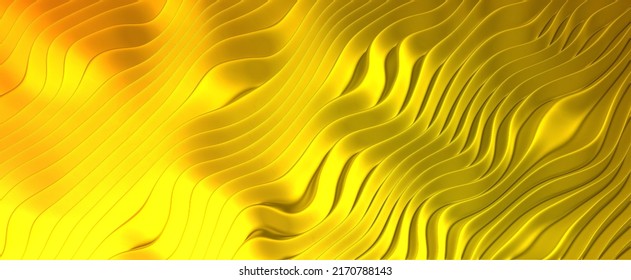 Gold Wavy Abstract Stripes With Gradient Background. Futuristic 3d Render Warp Waves With Slight Distortion And Yellow Color. Textured Ripples With Transitions And Elegant Steel Tracery