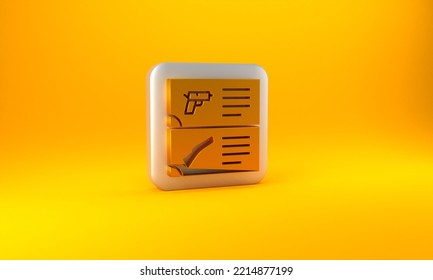 Gold Weapon Catalog Icon Isolated On Yellow Background. Police Or Military Handgun. Small Firearm. Silver Square Button. 3D Render Illustration.