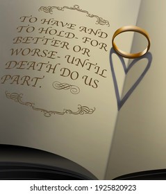 A gold wedding band sitting on the pages of a book cast a shadow that looks like a heart. Wedding vows are printed in the book in this 3-D illustration about future, love and marriage.