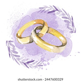 Gold wedding and engagement rings on a purple background. Rings, jewelry on a background with leaves, watercolor spots. Wedding accessories in sketch style - Powered by Shutterstock