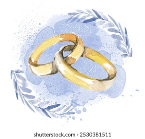 Gold wedding and engagement rings on a blue background. Rings, jewelry on a background with leaves, watercolor spots. Wedding accessories in sketch style - Powered by Shutterstock