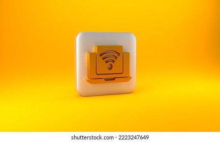 Gold Wireless Laptop Icon Isolated On Yellow Background. Internet Of Things Concept With Wireless Connection. Silver Square Button. 3D Render Illustration.