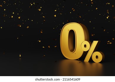 Gold Zero Percent Or 0% Special Offer And Paper Shoot Confetti On Black Background. 3d Render Illustration