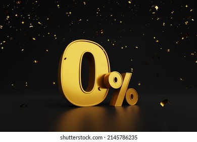 Gold Zero Percent Or 0% Special Offer And Paper Shoot Confetti On Black Background. 3d Render Illustration