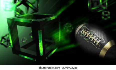 Gold-black Leather American Football And Green Illuminated Black Cube. Concept Image Of Sports Science And Block Chain Network Technology. 3D Illustration. 3D CG. 3D High Quality Rendering.