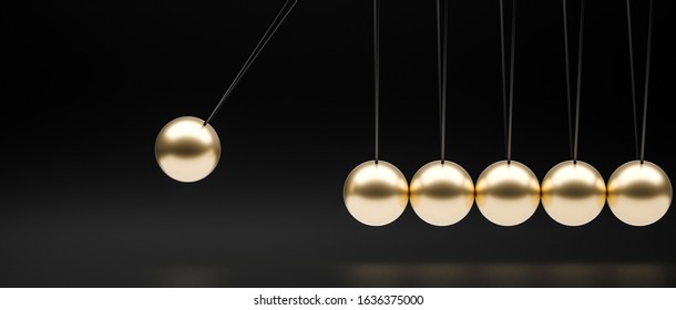 gold-colored newton pendulum on a black background. formed horizontally and no one around. time and business concept. 3d render image