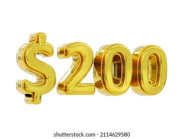 golden 200 dollar price symbol isolated on white background. 3d rendering