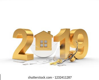 Golden 2019 New Year And Broken Transparent Glass Christmas Ball With House Icon Isolated On White Background. 3D Illustration