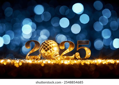 Golden 2025 numbers with a disco ball amidst sparkling bokeh lights, celebrating the upcoming New Year in a festive atmosphere. - Powered by Shutterstock