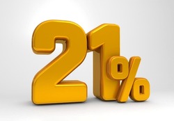 Golden 21% 3d Isolated On White Background. 21% Off 3D. 21% Mega Sale Or  Twenty One Percent Bonus. Sale Of Special Offers. 3d Rendering.	