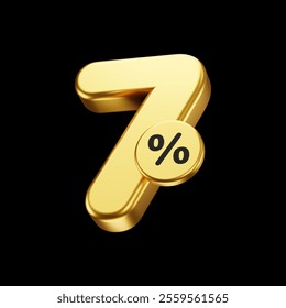 Golden 7 percent isolated on black background. metallic and glossy 3d number. 3d render.