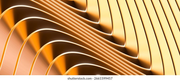 A golden abstract pattern consisting of repeated curved shapes, 3d render.