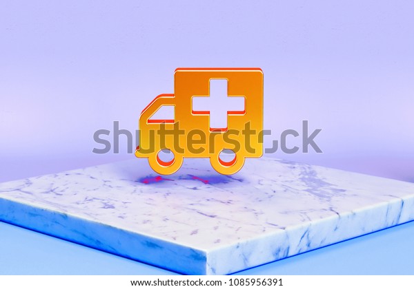 Golden Ambulance Icon\
on the Blue Light Background. 3D Illustration of Golden Ambulance,\
Car, Emergency, Hospital, Transportation Icons in the Blue Light\
With Marble\
Plate.