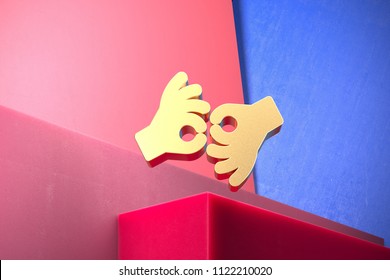 Golden American Sign Language Interpreting Icon on the Blue and Pink Geometric Background. 3D Illustration of Gold Deaf, Disabled, Finger, Gesture, Gestures Icon Set With Color Boxes on Pink Backgroun