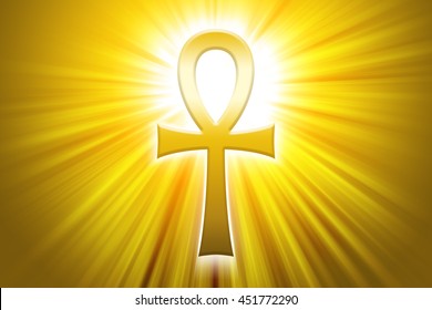 Golden Ankh with sunbeams. Also breath of life, the key of the Nile or crux ansata, cross with a handle. Ancient Egyptian symbol, sign and hieroglyph of gods and Pharaohs representing concept of life.