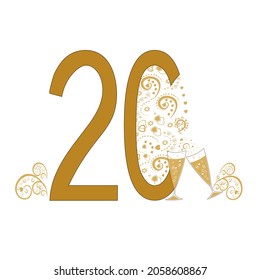 Golden Anniversary Number 20 With Abstract Ornament. Romantic Pattern, Toast, Two Glasses Of Champagne. Apply To Decorate Anniversary Cards, Letters. Digital Illustration
