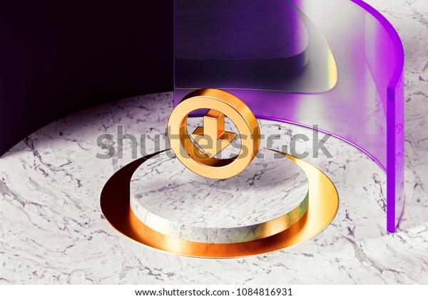 Golden Arrow Circle\
Down Icon With Marble and Pink Glass Around. 3D Illustration of\
Golden Arrow, Arrow Down, Circle, Direction, Down Icon Set With\
Magenta and Pink\
Glass.