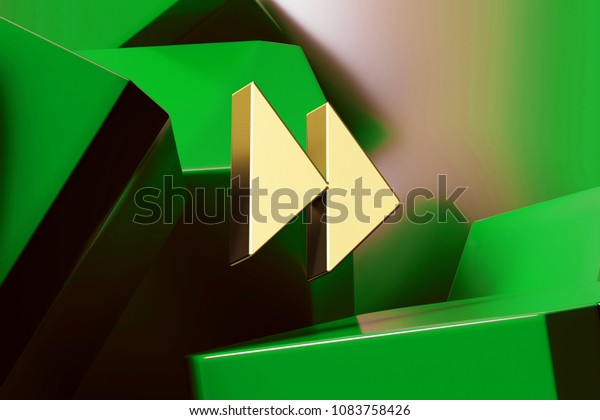 Golden Arrow Forward Icon With the\
Green Glossy Boxes. 3D Illustration of Fine Golden Arrow, Forward,\
Next, Play, Right Icon Set on the Green Geometric\
Background.