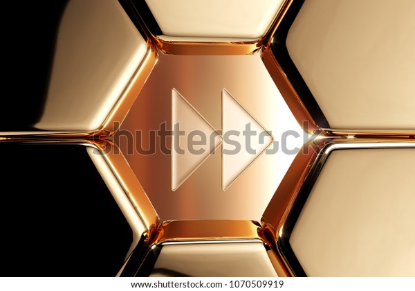 Golden Arrow Forward Icon in the Honeycomb. 3D\
Illustration of Luxury Golden Arrow, Forward, Next, Play, Right\
Icons on Gold Geometric\
Pattern.