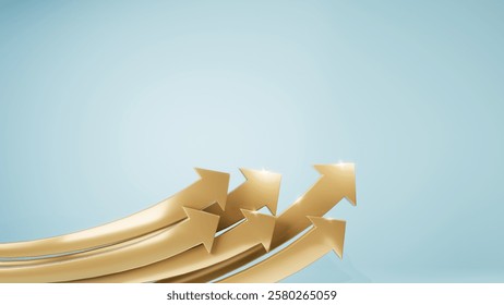 Golden arrows pointing up, symbolizing growth or progress, on a light blue gradient background, 3d illustration