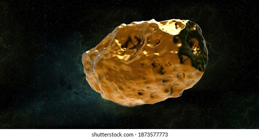 Golden Asteroid 16 Psyche In Space. Extremely Detailed High Resolution 3d Render