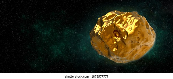 Golden Asteroid 16 Psyche In Space. Extremely Detailed High Resolution 3d Render