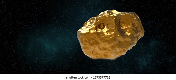 Golden Asteroid 16 Psyche In Space. Extremely Detailed High Resolution 3d Render