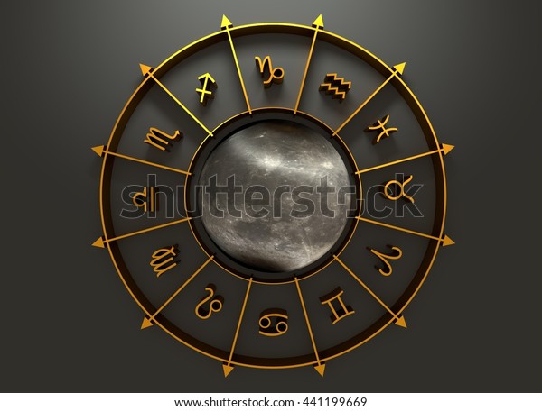 Golden astrological symbol in the circle. Moon\
surface textured sphere in the center of the ring. 3D rendering.\
NASA image used