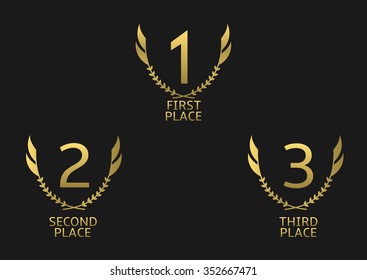 Golden award set. First, second and third place icons. Raster illustration - Shutterstock ID 352667471