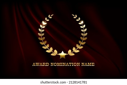 Golden Award Sign With Laurel Wreath And Ribbon Isolated On Red Curtain Background. Horizontal Award Ceremony Invitation Template