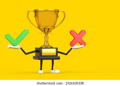 Golden Award Winner Trophy Mascot Person Character With Red Cross And Green Check Mark, Confirm Or Deny, Yes Or No Icon Sign On A Yellow Background. 3d Rendering