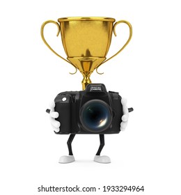 Golden Award Winner Trophy Mascot Person Character With Modern Digital Photo Camera On A White Background. 3d Rendering