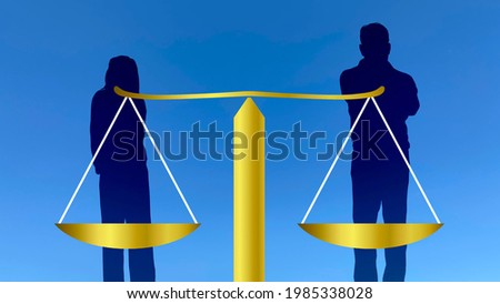 Golden balance and blue sky with silhouettes of men and women Stockfoto © 