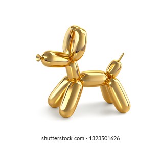 Golden balloon dog isolated on white. 3D rendering with clipping path