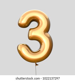 Golden balloon font number 3 made of realistic helium red balloon, 3d illustration with Clipping Path ready to use. For your unique balloon letter decoration; Christmas, New year and several occasion.
