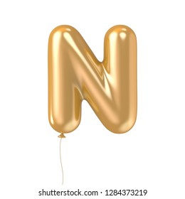 Golden Balloon Letter N, 3D Rendering Alphabet Isolated On White Background