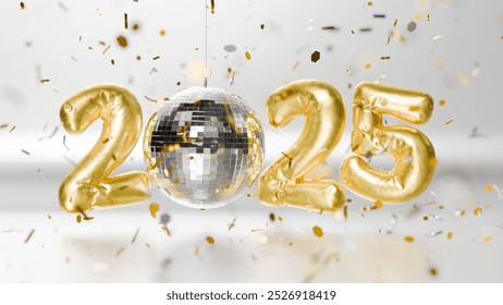 Golden balloons forming the number 2025 with a disco ball celebrating new year's eve on a metallic background with falling confetti. 3d rendering - Powered by Shutterstock