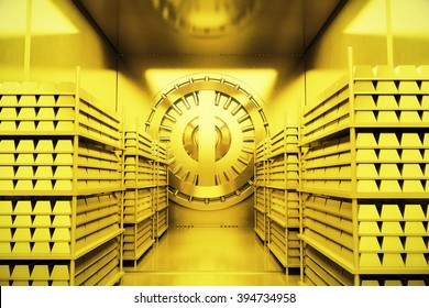 Golden Bank Vault With Gold Bars. 3D Render