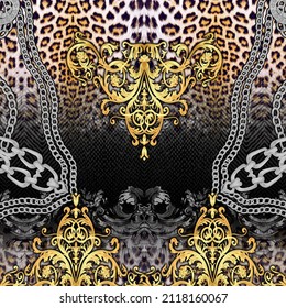 Golden Baroque and Silver Chains Leopard Skin Background Ready for Textile Prints 