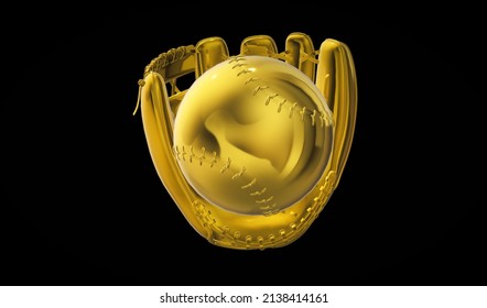 Golden Baseball Glove And Ball 3D Illustration On Black Background.