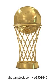 Golden Basketball Award Trophy With Ball And Net Isolated On White