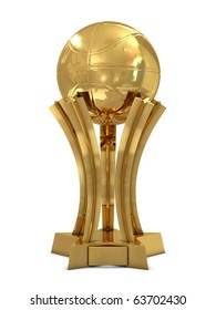 Golden Basketball Award Trophy With Ball And Stars Isolated On White