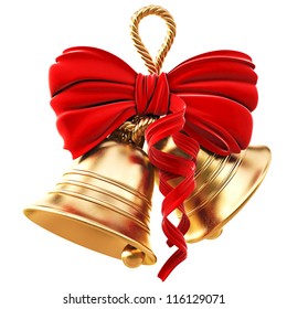 golden bells with a red bow. isolated on white.