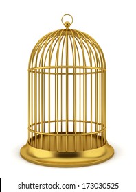 Golden bird cage. 3d illustration on white background 